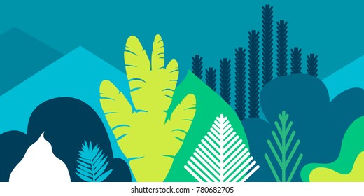 Card, banner, invitation with tropical landscaping, plants, trees, hills and mountains. Preservation of the environment, ecology. Natural parks, tourism, outer space. Flat style. Vector illustration.