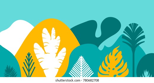 Card, banner, invitation with tropical landscaping, plants, trees, hills and mountains. Preservation of the environment, ecology. Natural parks, tourism, outer space. Flat style. Vector illustration.