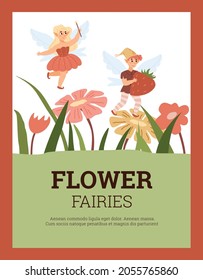 Card or banner layout with cute little flower fairies, flat vector illustration. Fantasy banner with pixies or fairies for kids birthday or entertainment event.