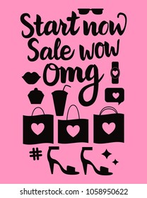 Card banner with lettering incription: Start now, Sale, wow, omg. Shopping icon isolation on pink background.