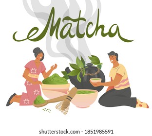Card or  banner with man and woman characters treating each other to matcha tea and inscription, flat vector illustration isolated on white. Packaging design for Matcha tea or teahouse cards.