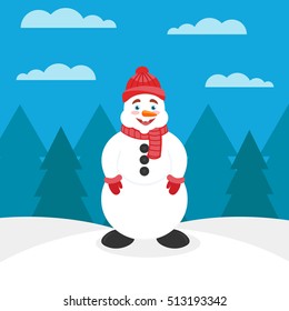 Card or banner for the New year or Christmas. Snowman with nose carrot, in hat and mittens. The background depicts the forest. Christmas vector illustration. Modern flat design.