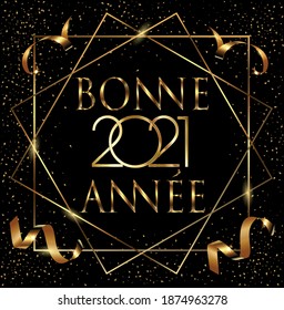 card or banner on Happy New Year 2021 in gold in a square and two gold rhombuses on a black background with glitter and bolduc