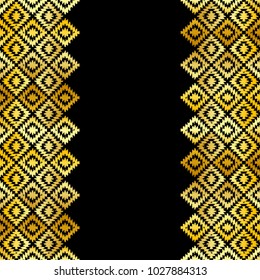 Card banner, pattern Turkish carpet gold black. Patchwork mosaic oriental kilim rug with traditional folk geometric ornament. Tribal style. Vector