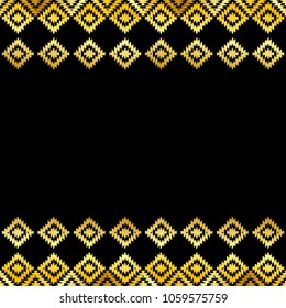 Card banner, pattern Turkish carpet gold black. Patchwork mosaic oriental kilim rug with traditional folk geometric ornament. Tribal style. Vector