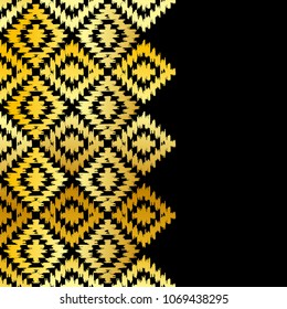 Card banner, pattern Turkish carpet gold black. Patchwork mosaic oriental kilim rug with traditional folk geometric ornament. Tribal style. Vector