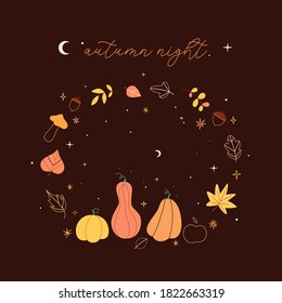 Card, banner or poster flat vector template on 'Autumn Night'. Colorful leaves, pumpkins. Vector.
