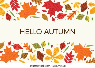 Card, banner or poster flat vector template on 'Hello Autumn'. Colorful leaves