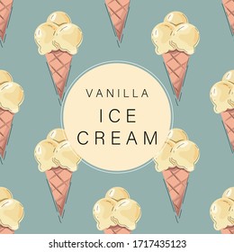 Card, banner, poster, label, print, sticker with vanilla ice cream. Delicious balls of ice cream in a waffle cone. Vector illustration.
