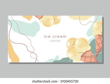 Card, banner, poster, label, print, sticker with vanilla ice cream. Delicious balls of ice cream in a waffle cone. Vector illustration.