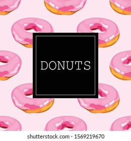 Card, banner, poster, sticker, background, promotional material, print with bright donuts. Glazed donut. Tasty dessert. Vector illustration.
