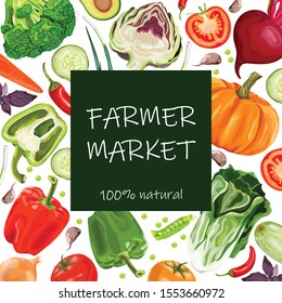 Card, banner, poster, sticker with organic vegetables and the text "farmer market 100% natural". Stylized vegetables on a white background. Vector illustration.