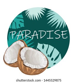 Card, banner, poster, sticker, print with coconuts and the text "paradise". Coconut halves. Vector illustration.