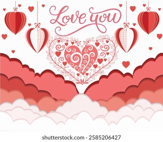 Card or Banner with symbol of heart love and script love you. Pink paper hearts and clouds background. Can use Promotion and shopping template for love. Greeting cards templates, social media post.
