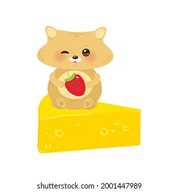 Card banner template cute kawaii hamster with fresh Strawberry, cheese, pastel colors isolated on white background, copy space. Vector illustration