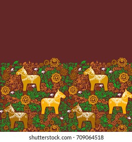 Card banner template Dalecarlian Dala horse traditional carved painted wooden horse statuette originating in Swedish province Dalarna.Yellow orange beige green flowers leaves Brown background. Vector