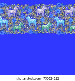 Card banner template Dalecarlian Dala horse traditional carved painted wooden horse statuette originating in Swedish province Dalarna. Green Lilac white blue flowers leaves on blue background. Vector