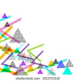 Card banner template frame for your text. Geometric Memphis Postmodern Retro fashion style 80-90s. asymmetrical shapes triangle pattern. pink lilac green blue black background. Vector