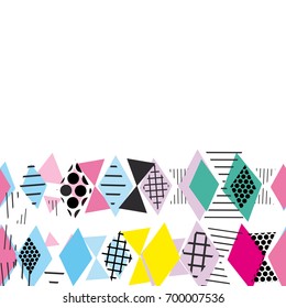 Card banner template frame for your text. Geometric Memphis Postmodern Retro fashion style 80-90s. asymmetrical shapes Rhombus triangle pattern. Yellow blue green pink black background. Vector