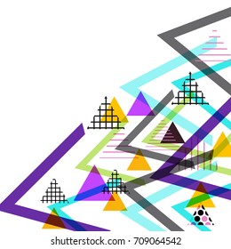 Card banner template frame for your text. Geometric Memphis Postmodern Retro fashion style 80-90s. asymmetrical shapes triangle pattern. Yellow blue green black background. Vector