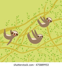 card banner template with funny and cute smiling Three-toed sloth set on green branch tree creeper, copy space green  background. Vector