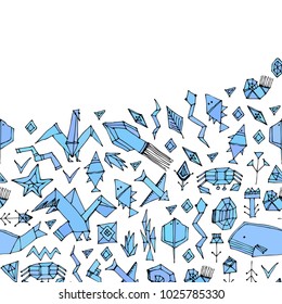 Card banner template Hand drawn scandinavian pattern with Marine animals and plants, black blue white decorative contemporary elements Stylized origami. geometric, trendy. Vector