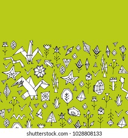 Card banner template Hand drawn scandinavian pattern with Marine animals and plants, black green decorative contemporary elements Stylized origami. geometric, trendy. Vector