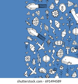 Card banner template Hand drawn scandinavian pattern with Marine animals and plants, black contours decorative contemporary elements Stylized origami. Blue geometric print, trendy backdrop. Vector