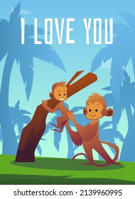 Plantilla de tarjeta o cartel sobre el tema del amor entre padres e hijos con adorables animales familia de monos madre e hijo, ilustración vectorial de dibujos animados planos.