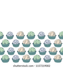 Card banner template, pattern Candy chocolate truffles in foil and paper cup. Drawing by hand sketch doodles. beige green blue gray isolated on white background. Vector