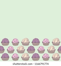 Card banner template, pattern Candy chocolate truffles in foil and paper cup. Drawing by hand sketch doodles. beige  gray violet purple on green background. Vector