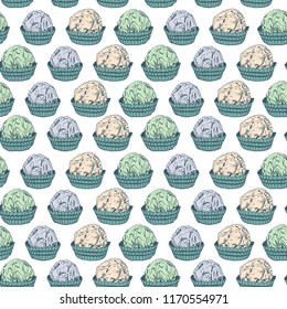 Card banner template, pattern Candy chocolate truffles in foil and paper cup. Drawing by hand sketch doodles. beige green blue gray isolated on white background. Vector illustration