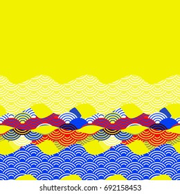 Card banner template scales simple Nature background with Chinese wave circle pattern blue red yellow orange colors card banner design. Vector