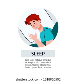 Card or banner template with sleeping man cartoon character and sleep inscription, flat vector illustration on white background. Poster with sleeping young man in bed.