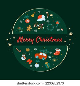 Card, banner with traditional flat Christmas and New Year elements. Vector illustration.
