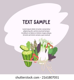 Tarjeta o banner con paquete de verduras, ilustración vectorial plana. Plantilla de banner para comida vegetariana y comida saludable. Banners promocionales para el mercado de los agricultores.