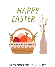 Card with basket with Easter eggs, vase with willow, and lettering. Hand-drawn vector card, isolated on white background. Spring season concept, Easter, nature.