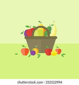 Card with basket with fruits on a table. Flat design vector illustration