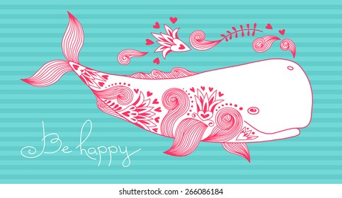 Card Be Happy with Whale and Patterns. Vector Illustration.