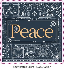 Card of "Be Peace-full to everything you see, feel and do" with tiny various elements, decorative corner and borders on a dark background.  