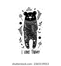 Card Be Still with Bear, white floral elements. Cute cartoon character. Isolated vector illustration. Cute Woodland Animal Illustration.
