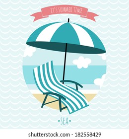 Card with beach armchair and umbrella. Summer time. I love sea. Vector