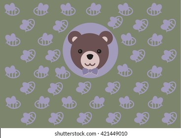 card with a bear. bee pattern. congratulation birthday. green background