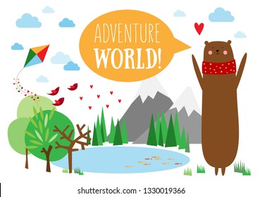 Card with bear, forest, mountains