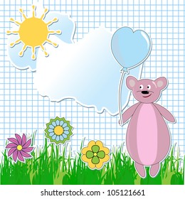 a card with a bear, grass, clouds, flowers and the sun
