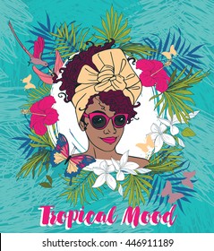 Card with beautiful African American woman, can be used as banner for beach party, "tropical mood" poster,  vector illustration