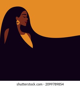 Card with beautiful african woman with flowing hair on yellow background. Template for beauty salon, hair salon or Women's Day, 8th March. 