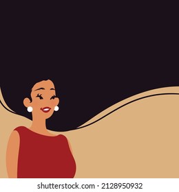 Card with beautiful african woman with flowing hair. Template for beauty salon, hair salon or Women's Day, 8th March. 