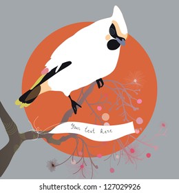 Card with beautiful bird sitting on the branch. Vector