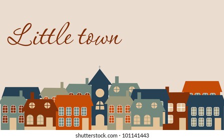 Tarjeta con un pequeño pueblo hermoso. Ilustración vectorial